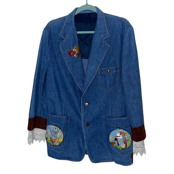 Lee Jackets & Blazers - Lee Set Vintage Womens Blazer Size Large Upcycled Denim Patch Embroidered Lace